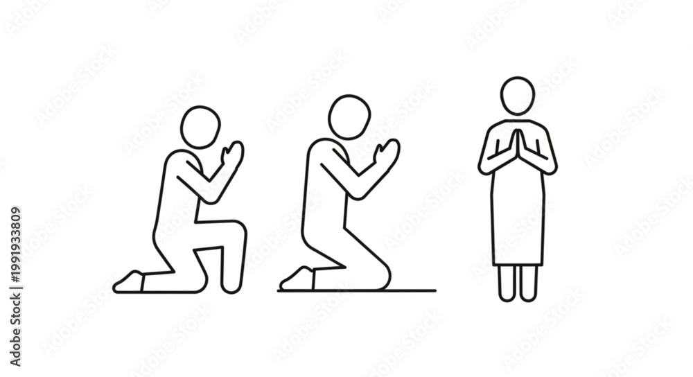 Fototapeta premium Three figures in prayer or meditation poses simple line art illustration.