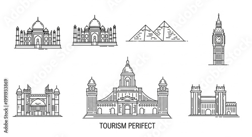 Collection of famous world landmarks in sketch style.