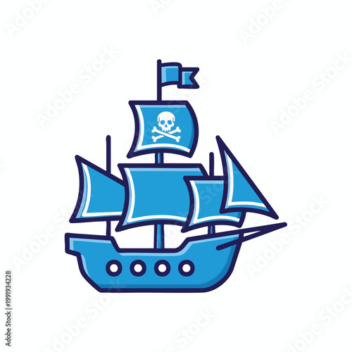 Blue pirate ship vector illustration with skull and crossbones flag.