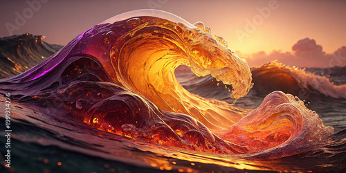 3D abstract fluid waves of molten light in gradient spectrum orange-yellow for luxury branding, digital marketing campaigns.