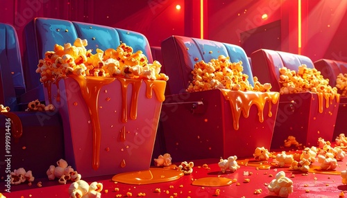 Cozy movie theater with red cushioned seats, bucket of popcorn on floor, kernels scattered across carpet, warm overhead lighting, casual lively composition symbolizing cinema atmosphere, enjoyment, an