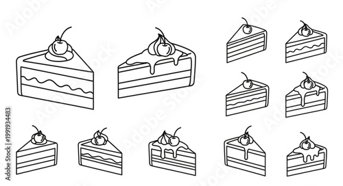 Collection of Hand Drawn Cake Slices with Cherry Topping.