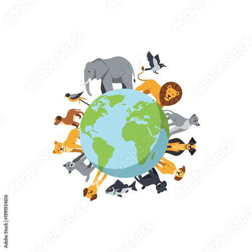 A vibrant illustration depicting a diverse array of animals from different habitats encircling the Earth, symbolizing global wildlife and biodiversity.