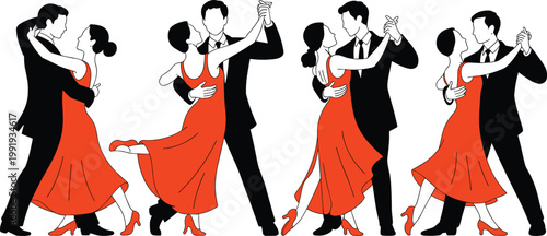 Five women in orange dresses with black gloves and hats, holding handbags