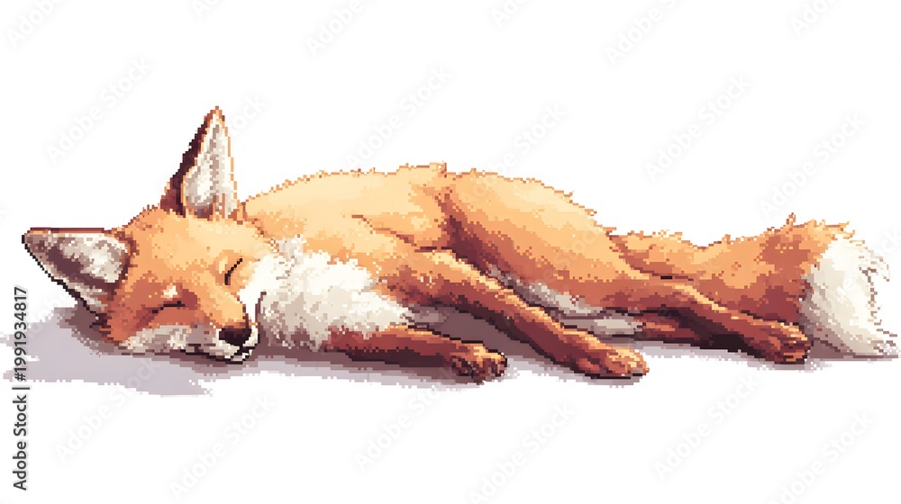 Fototapeta premium Sleeping Red Fox Pixel Art Illustration Isolated on White Background