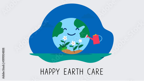 Happy earth character smiling with flowers and watering can symbolizing environmental care and sustainability