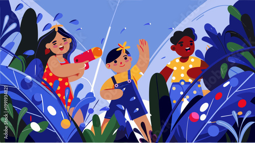 Children playing with water guns in a garden on a sunny day with flowers and greenery