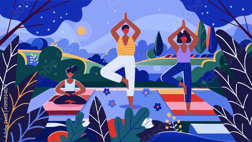 People practicing yoga outdoors at night in a serene natural setting with mountains and stars