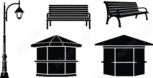 Black silhouettes of park furniture and structures, including benches, gazebos, and a street lamp