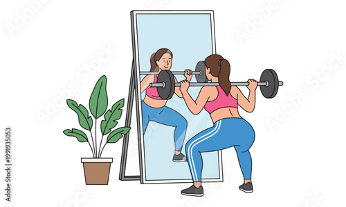 Woman Performing Barbell Squats in Front of Mirror Illustration