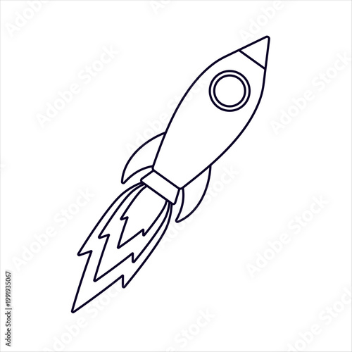 Rocket line art outline black icon on white background.