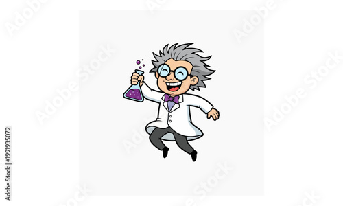 Mad Scientist Jumping with Chemical Flask Cartoon Character