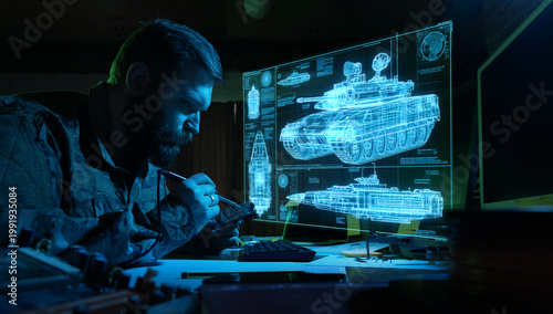 Foto Military engineer designing armored vehicle and missile system hologram