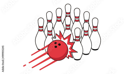 Red Bowling Ball Hitting Pins Vector Illustration on White Background