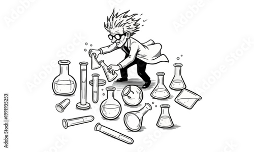 Mad Scientist Performing Lab Experiment with Chemical Flasks Drawing