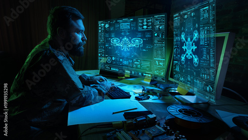 Obraz na płótnie Engineer working with multiple holographic drone interfaces military command system