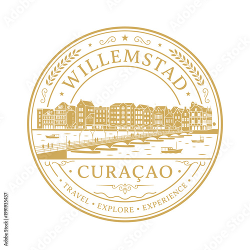 Golden Willemstad Curacao travel badge emblem with city skyline vector illustration