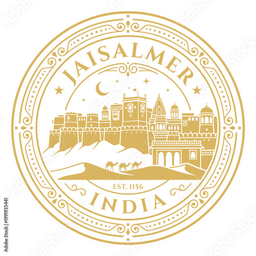 Golden Jaisalmer India heritage fort seal with camels and desert dunes vector illustration