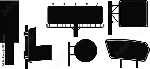 Black silhouettes of various billboards and signs on white background