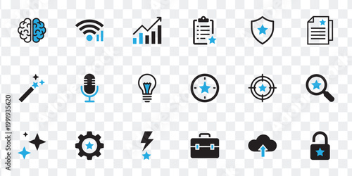 Modern Business and Technology Vector Icons Set Idea, Growth, Security, Communication, and Quality. Blue and Black UI UX Elements