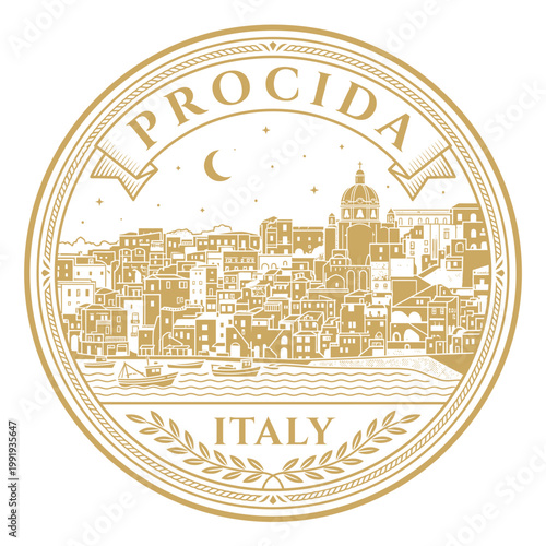 Procida Italy circular travel emblem featuring coastal town architecture vector illustration