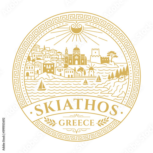 Skiathos Greece travel emblem with gold coastline landscape and meander border vector illustration