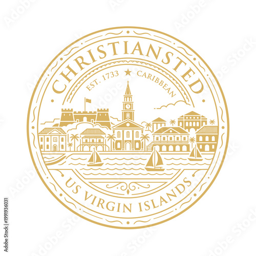 Christiansted US Virgin Islands gold circular emblem featuring harbor architecture vector illustration