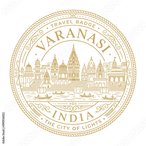 Circular gold Varanasi India travel badge featuring temples and boats vector illustration