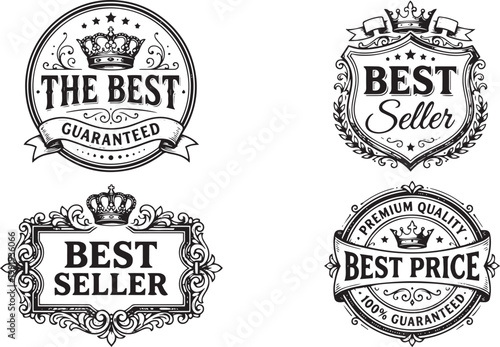 Premium quality vintage badge collection featuring best seller and best price guaranteed labels with royal crown ornaments cad drawing flat vector illustration