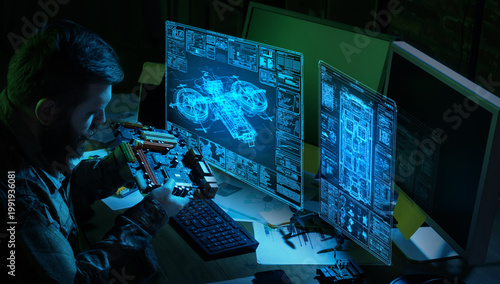Cuadro en lienzo Engineer assembling motherboard with drone hologram interface military system