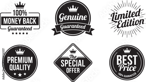 Premium quality vintage badge collection featuring money back and genuine guaranteed labels with royal crown ornaments cad drawing flat vector illustration elements