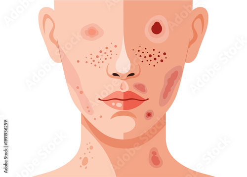Illustration of a human face showing various skin conditions and imperfections, including acne, blemishes, and discoloration.