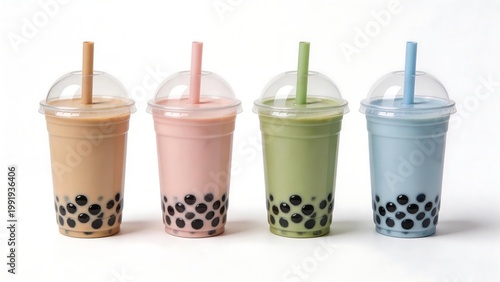 Four colorful bubble tea drinks