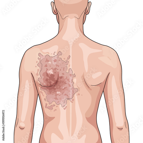 Illustration of a person's back showing a large, irregular rash with redness and scaling on the left shoulder blade area.