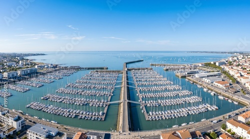 Aerial view of a bustling marina with numerous sailboats and yachts docked, surrounded by buildings and a clear blue sky
