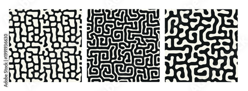 Vector seamless pattern set. Monochrome natural maze. Monochrome abstract backgrounds. Vector hand-drawn surface design.