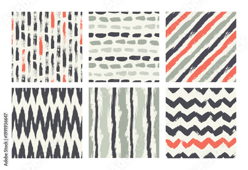 Vector seamless pattern set. Abstract background with brush strokes. Monochrome, hand-drawn print. Artistic tileable strokes. Collection of creative swatches. Modern surface design.