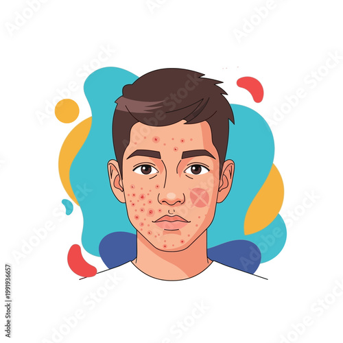 Illustration of a young man's face with acne and blemishes, representing skin care concerns.