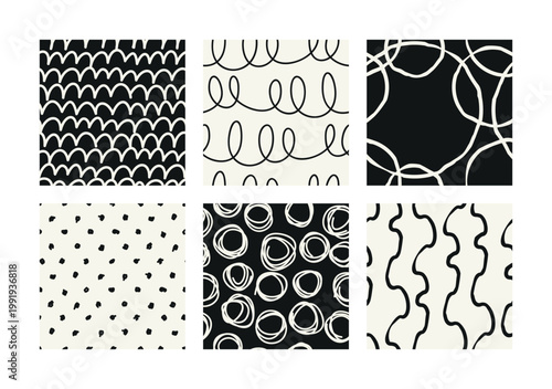Vector seamless pattern set. Hand drawn naive drawing. Sloppy backgrounds with creative doodles. Modern graphic design.