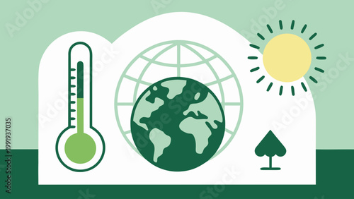 Earth with thermometer sun and tree in flat design symbolizing global warming awareness and environmental protection