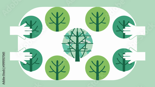 Forest conservation concept with green trees and protecting hands flat illustration for environmental protection and sustainability