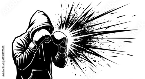 A powerful black and white graphic illustration of a hooded boxer in a fighting stance with an explosive impact effect.