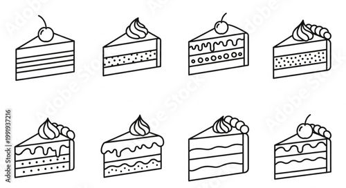 Collection of Hand Drawn Cake Slices with Cherry and Cream Topping.