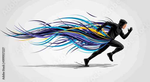 A dynamic illustration of a hooded runner in motion, leaving a vibrant, abstract trail of blue, purple, and yellow lines, symbolizing speed and energy.