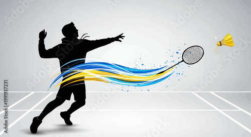 Dynamic silhouette of a badminton player in action, hitting a shuttlecock with a racket, surrounded by energetic blue and yellow motion streaks on a court.