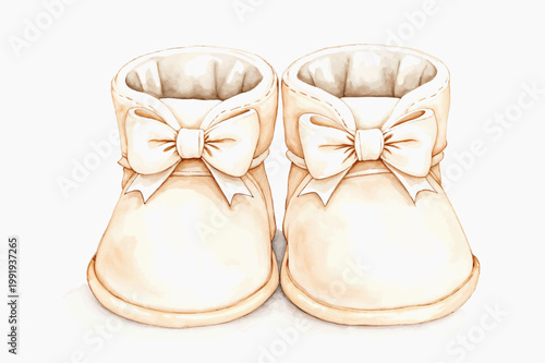 Pair of cream colored baby booties with big decorative bows standing on a clean white background in a soft delicate watercolor illustration style.