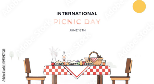 International Picnic Day, picnic table, outdoor dining, vector illustration, red and white checkered tablecloth