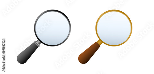 Two realistic magnifying glass icons metallic silver gold brown.