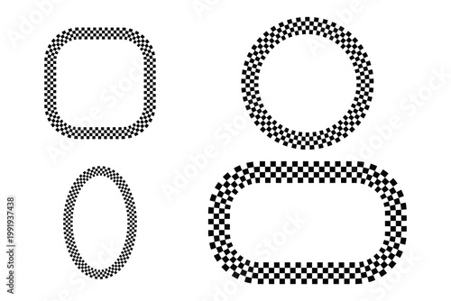 Racing checkered flag frames set, black and white checkered border collection, 4 geometric racing track shapes, sports competition vector elements