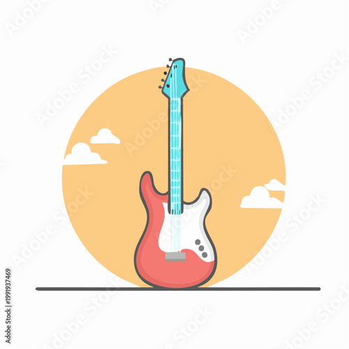 Cartoon Electric Guitar Illustration with Clouds and Sun Background